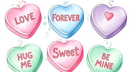 Pastel watercolor conversation heart candies with loving messages like love, forever, sweet, hug me, be mine, for valentine's day celebrations