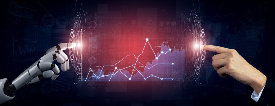 Human and robotic hands reaching towards each other over a digital interface with data visualization, symbolizing technology, connection, and future collaboration. Scalp. - Powered by Adobe