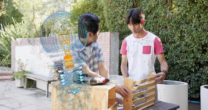 Mentor showing DIY in yard, holo overlay appearing guiding teen fastening slats assembling planter