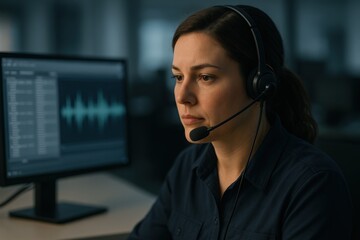 Professional female call center agent focused on delivering quality customer support while utilizing advanced audio analysis technology to enhance communication efficiency and client satisfaction
