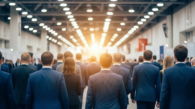 A large group of business professionals in suits walking towards a bright light source at a modern convention center, symbolizing collaboration and innovation in corporate environments.
