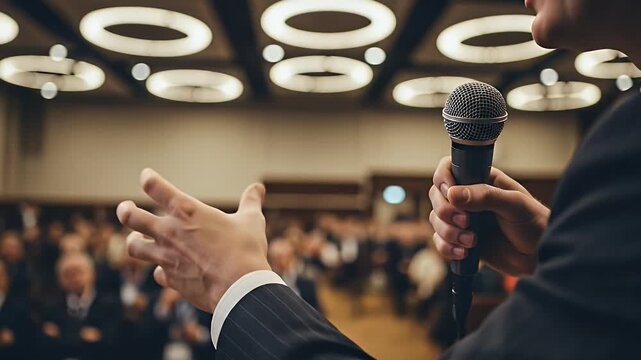 Professional speaker passionately addresses an engaged audience in a well-lit conference hall, showcasing effective public speaking skills and audience interaction.