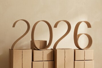 Cardboard numbers 2026 displayed on stacked boxes. The background is a neutral wall, creating a simple and festive atmosphere for New Year celebrations.