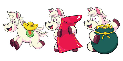 Cute horse zodiac characters for Lunar New Year holding gold bag red envelope and festive items illustrated in a bright kawaii style perfect for holiday cards stickers merchandise and cheerful