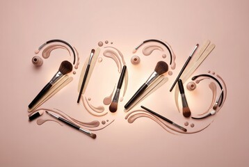 The image features the numbers 2026 arranged with makeup brushes and cosmetic items on a soft pink background. The scene conveys a festive and celebratory mood for New Year.