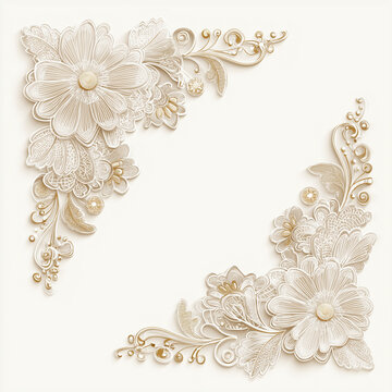 Richelieu lace wedding corner elements vector set, elegant floral cutwork embroidery, soft white and cream colors