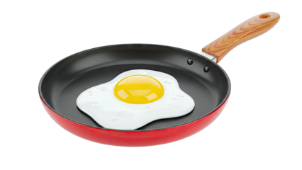 A Single Fried Egg With A Bright Yellow Yolk Cooked in a Red Frying Pan With a Wooden Handle Isolated on a Transparent Background
