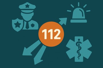 Emergency services graphic representation featuring number 112 symbolizing coordination among police, medical, and fire response units for urgent situations with a focus on public safety