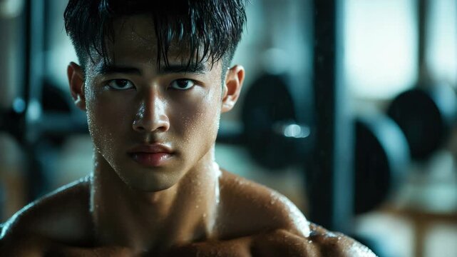 Man in gym with sweat on face and chest, looking intense.