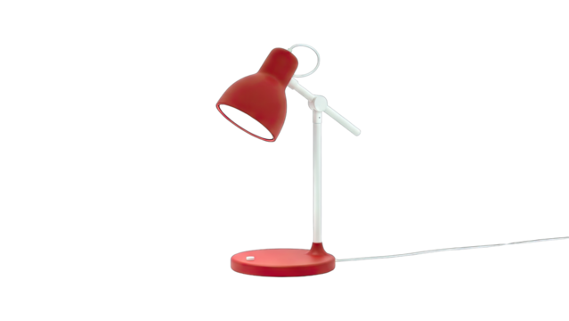 A Red Desk Lamp with a White Stem and Base on a Transparent Background Isolated Object for Study and Work Illuminating Workspace Equipment Minimalist Design