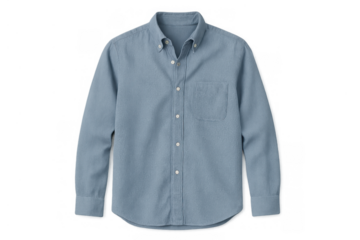 Blue button-down shirt featuring long sleeves and an open collar, flat lay view of a versatile men's apparel item