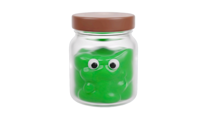 A Vivid Green Slime Monster with Googly Eyes Trapped Inside a Clear Glass Jar with a Brown Lid Set Against a Stark White Background