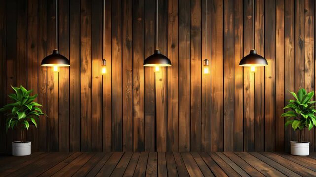 Warm Ambience Interior: A harmonious blend of rustic charm and contemporary elegance, with warm lights casting a inviting glow on the textured wooden backdrop. 
