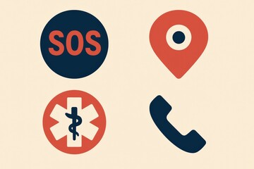 Emergency contact symbols conveying urgency and health awareness with icons emphasizing distress signals location pinpointing and medical communication essentials