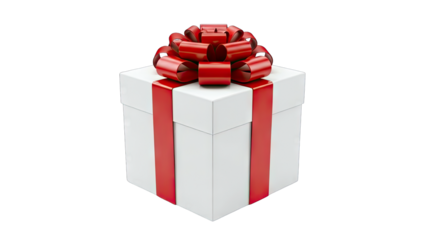 A White Gift Box Tied with a Red Ribbon and a Large Red Bow on a Transparent Background