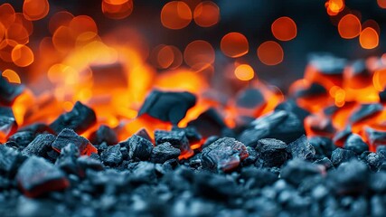 Smoldering Ember: A close-up shot captures the raw power of nature as fiery embers and glowing coals dance, their intense heat casting an alluring glow. - Powered by Adobe