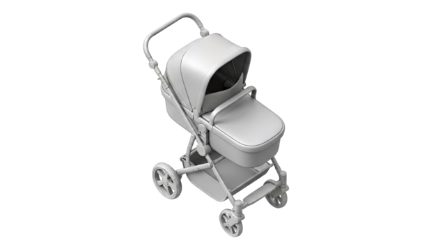 A White Baby Stroller Stands Ready for Use on a Transparent Background Showing Its Intricate Design and Functional Wheels Detailed Construction for Newborn Transportation and Outdoor Excursions