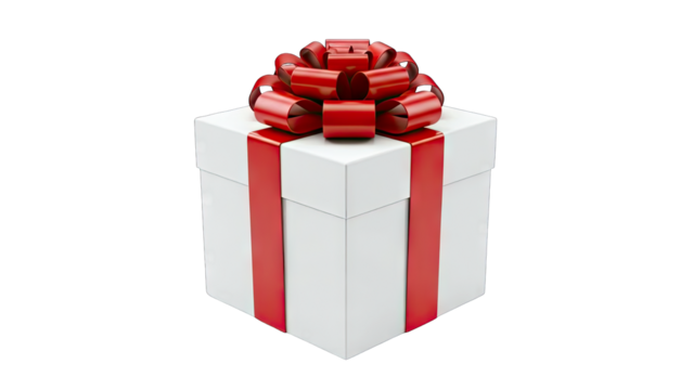 A White Gift Box Tied with a Red Ribbon and a Large Red Bow on a Transparent Background