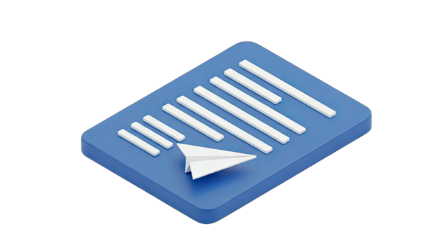 A White Paper Airplane Flying Over A Blue Document With Lines Indicating Text And A Transparent Background