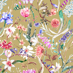 A floral seamless pattern with watercolor garden flowers. Seamless wallpaper with daffodils, hyacinths, freesia, and tulips.