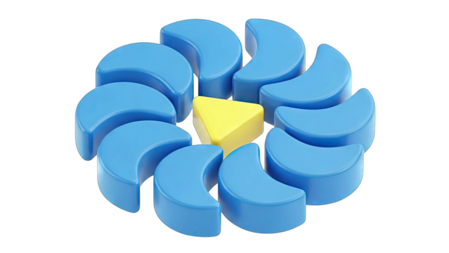 Abstract Geometric Arrangement of Crescent Moon Shapes in Vibrant Blue Encircling a Bright Yellow Triangle on a Clean White Background with Soft Lighting Creating a Modern and Engaging Visual - Powered by Adobe