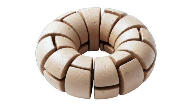Abstract Geometric Ring Structure Composed of Beige Segmented Blocks with Light Textured Surface Isolated on Transparent Background with Soft Studio Lighting