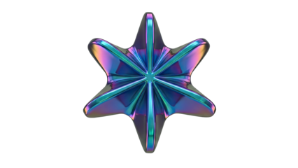 Abstract Geometric Starburst Shape with Iridescent Metallic Sheen and Sharp Edges Floating on a Transparent Background