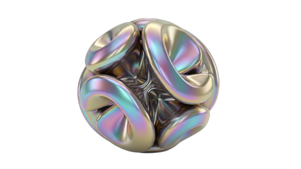 Abstract Iridescent Metallic Orb with Intricate Interlocking Loops and Reflective Surfaces Against Transparent Background