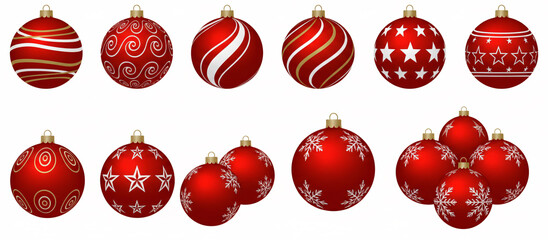 A collection of red Christmas ornaments with various festive patterns isolated on a white background.