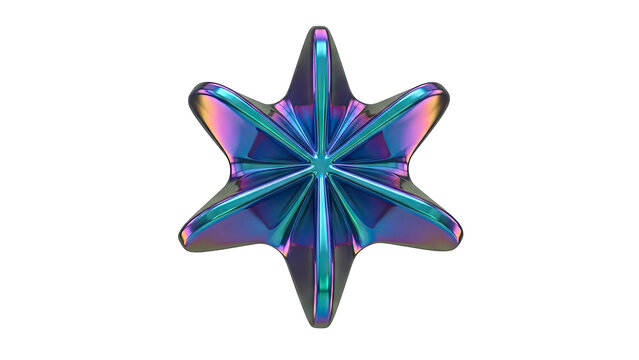 Abstract Geometric Starburst Shape with Iridescent Metallic Sheen and Sharp Edges Floating on a Transparent Background