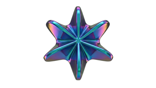 Abstract Geometric Starburst Shape with Iridescent Metallic Sheen and Sharp Edges Floating on a Transparent Background