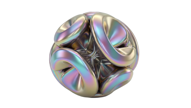 Abstract Iridescent Metallic Orb with Intricate Interlocking Loops and Reflective Surfaces Against Transparent Background