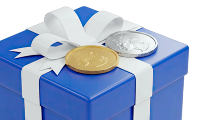 Blue Gift Box Tied With White Ribbon Featuring Gold and Silver Coins on Top with Transparent Background Realistic 3D Render