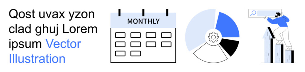 Fototapeta premium Data analysis, business planning, time management, teamwork, project tracking, financial growth. Monthly calendar, pie chart and person reviewing growth graph. Business planning and data analysis