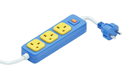 Blue Power Strip With Three Yellow Outlets And A Blue Plug On A Transparent Background