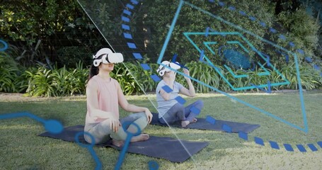 Two women fitting white VR sets after one lifting hers, following health moves with blue overlay