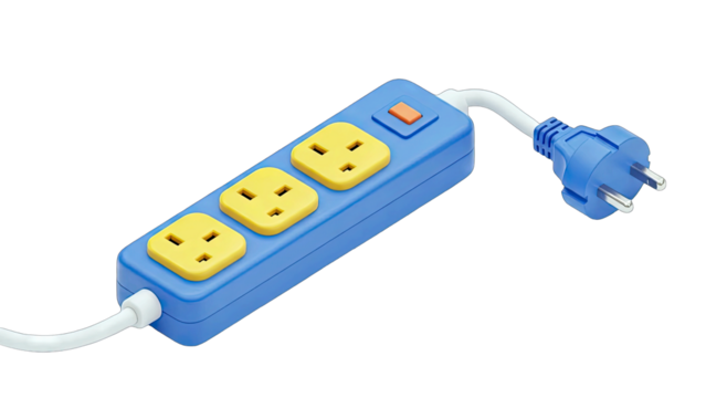 Blue Power Strip With Three Yellow Outlets And A Blue Plug On A Transparent Background