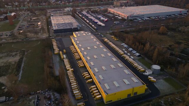 DHL Deutsche Post logistics center berlin city. Perfect aerial view drone