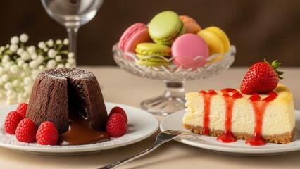 Indulge your sweet tooth with decadent chocolate lava cake, creamy cheesecake with strawberry sauce, and colorful macarons for a delicious treat