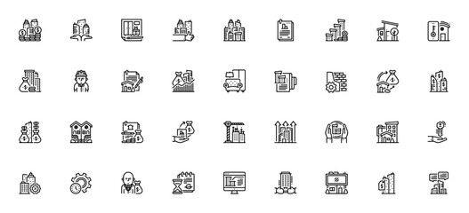 Real estate and property icon set. Vector illustratin. Includes symbols for hose, investment, contract, onstruction, loan, rent, tnant, profit and more.