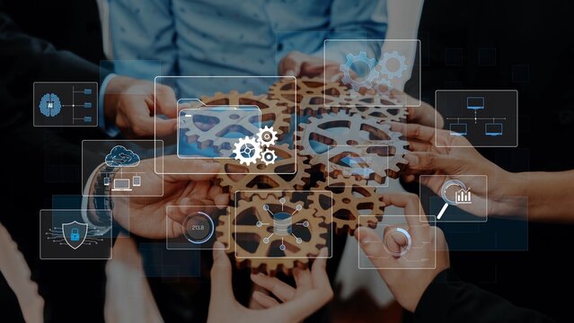 A dynamic image showing diverse hands working together with gears and technology icons to symbolize teamwork, innovation, and digital transformation in business strategies. Raster