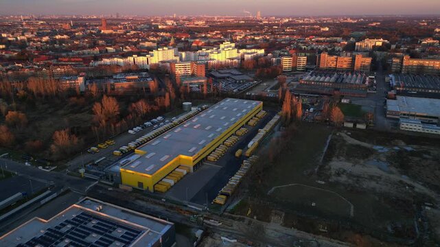 DHL Deutsche Post logistics center berlin city. Amazing aerial view drone