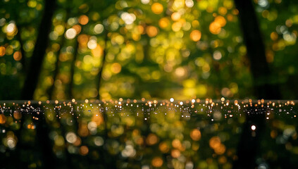 Golden bokeh lights shimmering above reflective surface forest backdrop