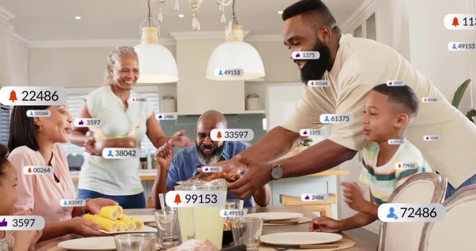 Family passing plates at home table senior woman bringing dish badges growing around preparing meal