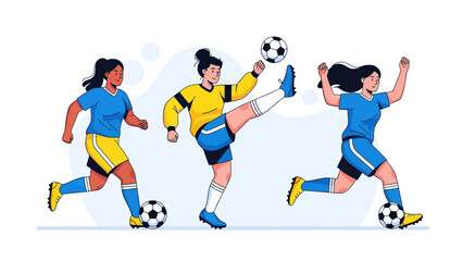 Illustration of female soccer players running, kicking, and dribbling the ball in action on the field, representing teamwork, strength, and competitive sports energy.