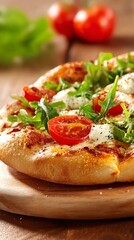 Freshly baked gourmet pizza with golden crust, topped with vibrant cherry tomatoes, melted mozzarella, and aromatic green herbs on rustic wooden board