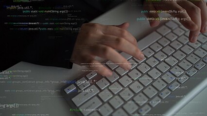 A close-up image of hands typing on a sleek keyboard. Overlay code creates a vibrant tech ambiance, showcasing the blend of creativity and programming in a modern workspace. Xenic