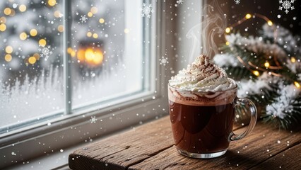 Indulge in cozy winter bliss with hot cocoa by the window, a perfect holiday treat for a snowy day, creating heartwarming memories and joyful moments