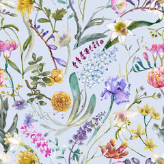 A floral seamless pattern with watercolor garden flowers. Seamless wallpaper with daffodils, hyacinths, freesia, and tulips.