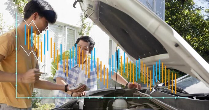 Dad guiding teenager checking fluids with dipstick wiping pouring while data bars overlaying car